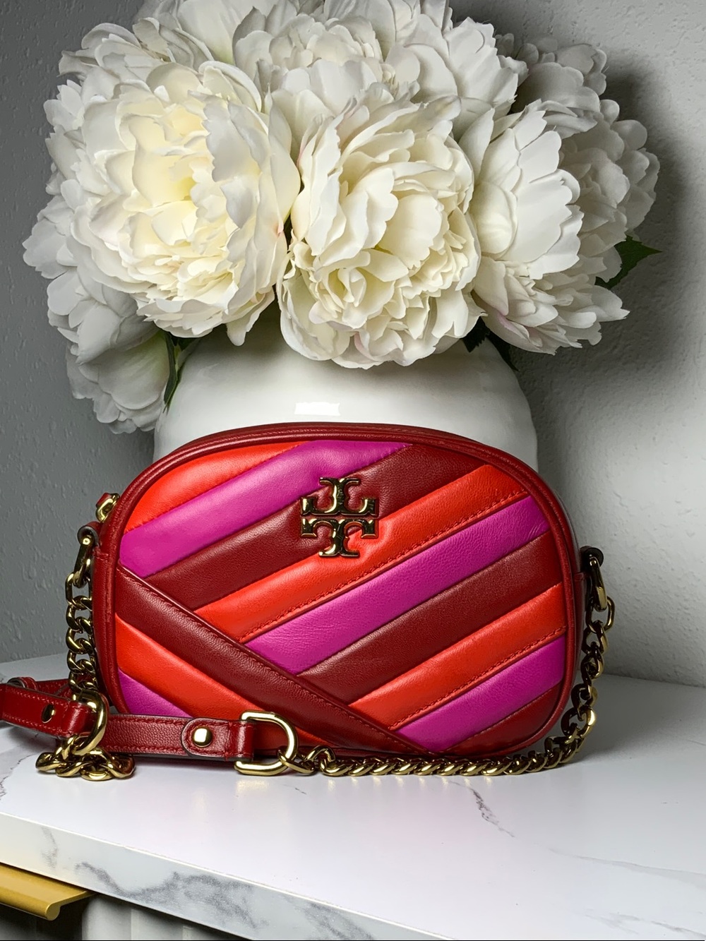 Tory Burch Red, Pink & Orange Quilted Leather Crossbody Camera Bag